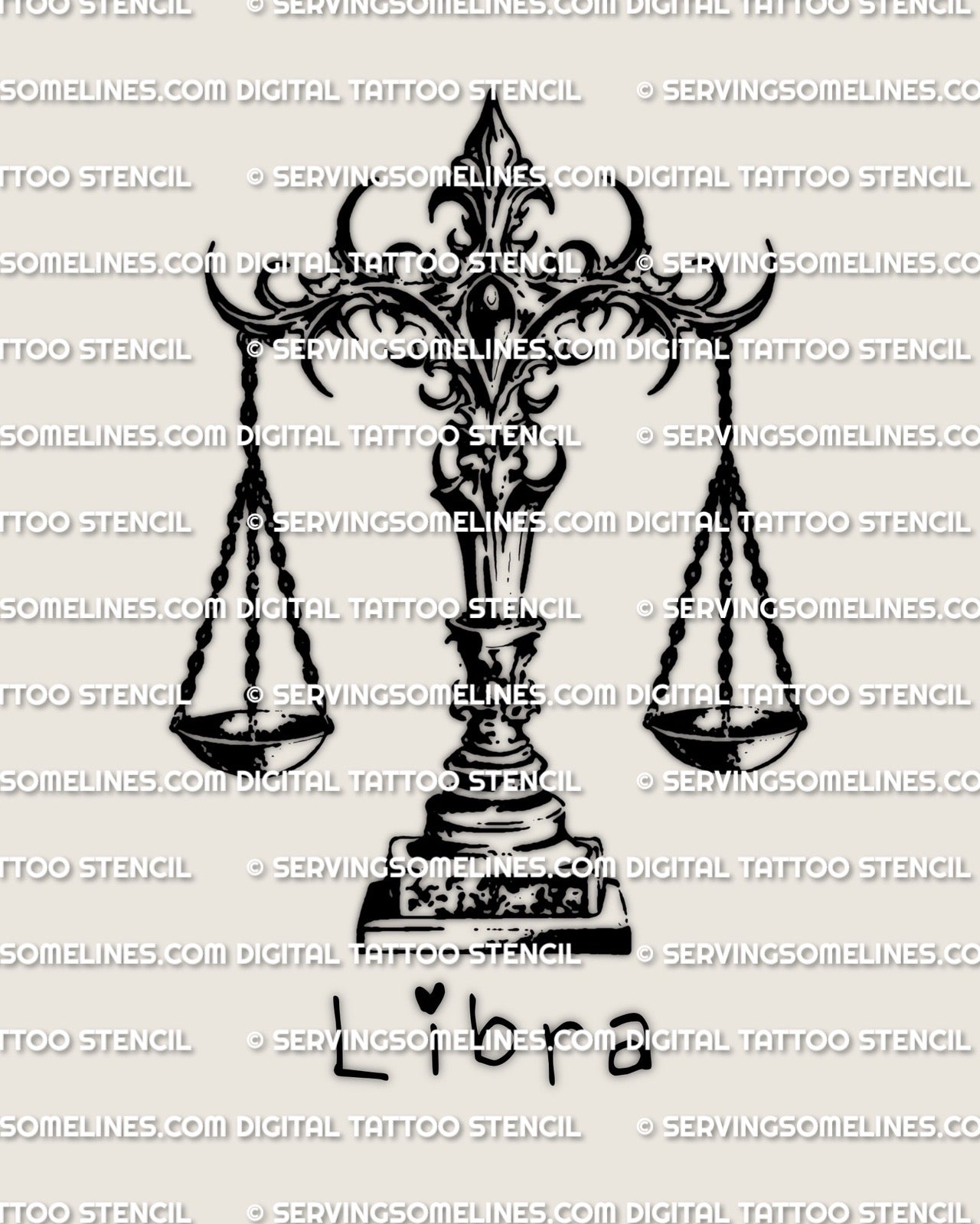 Libra scales tattoo stencil instant download with Libra lettering, blackwork zodiac emblem, ornate crossbar and hanging pans
