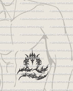 Libra zodiac glyph tattoo stencil download shown on men’s ribs placement, cyber sigil linework symbol, clear vertical read.