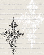 Abstract lily cross tattoo stencil drawn in cybersigilism style, ornamental neotribal line art with sharp edges, digital tattoo file
