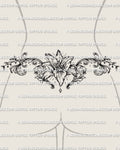 Lily lower back tattoo stencil shown on female silhouette mockup with floral scrollwork and soft waist placement