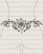Lily lower back tattoo stencil shown on female silhouette mockup with floral scrollwork and soft waist placement
