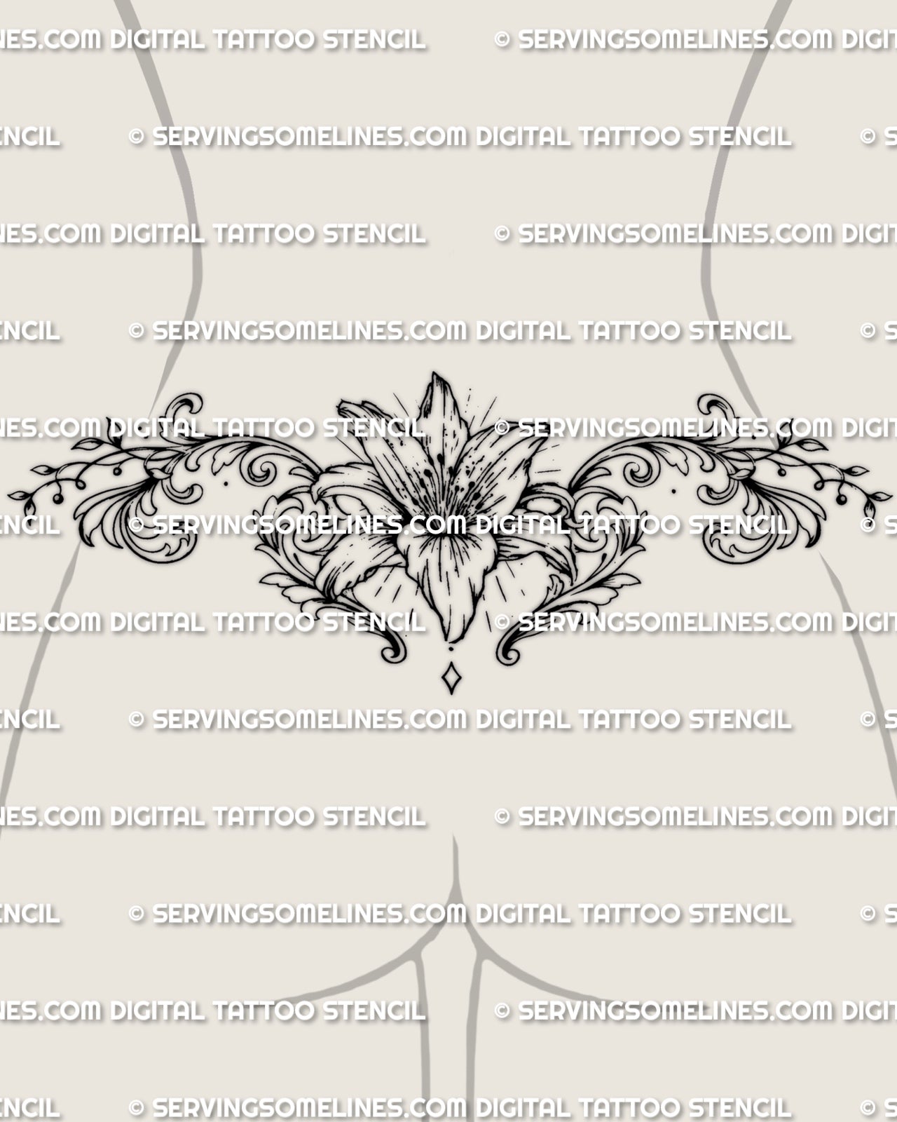 Lily lower back tattoo stencil shown on female silhouette mockup with floral scrollwork and soft waist placement