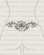 Lily tramp stamp tattoo stencil displayed on female waist mockup with feminine floral detail and flowing side scrollwork