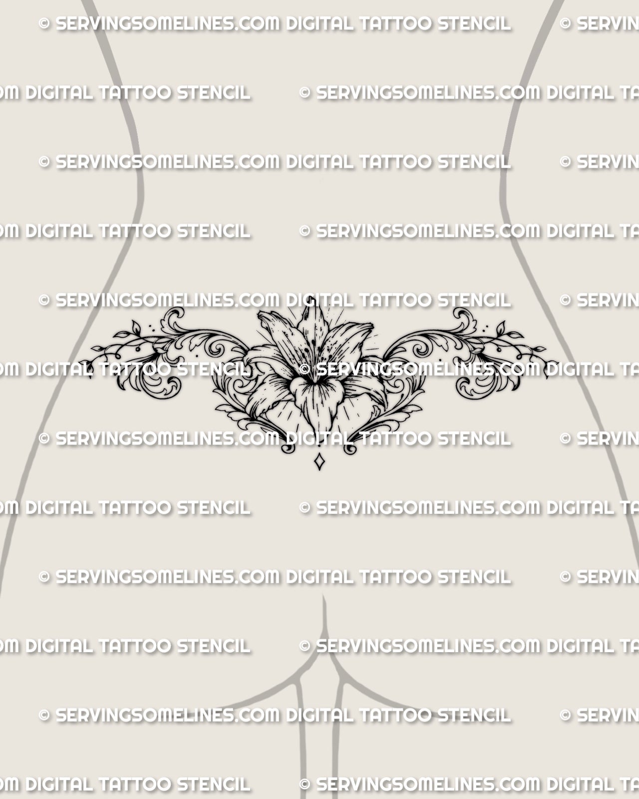 Lily tramp stamp tattoo stencil displayed on female waist mockup with feminine floral detail and flowing side scrollwork