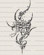 Line art lotus tattoo template download, printable flower stencil with ornamental framing and sharp detail.