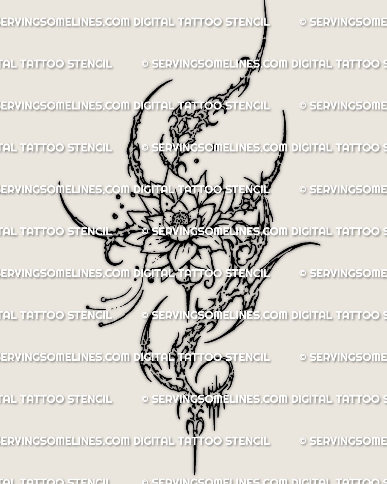 Line art lotus tattoo template download, printable flower stencil with ornamental framing and sharp detail.