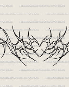 Digital stencil preview of line art heart chest tattoo, ornamental neotribal outline design for men or women, centered and printable