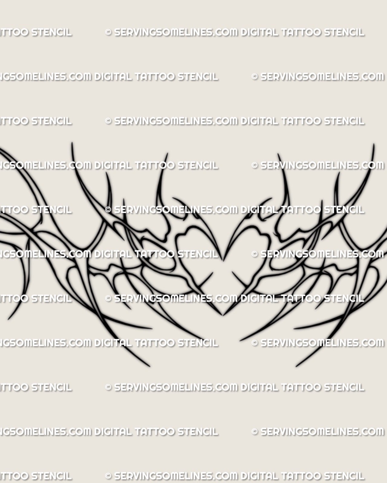 Digital stencil preview of line art heart chest tattoo, ornamental neotribal outline design for men or women, centered and printable