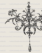 Fine line cybersigil emblem tattoo stencil with crescent moon and star details shown as a simple outline without placement