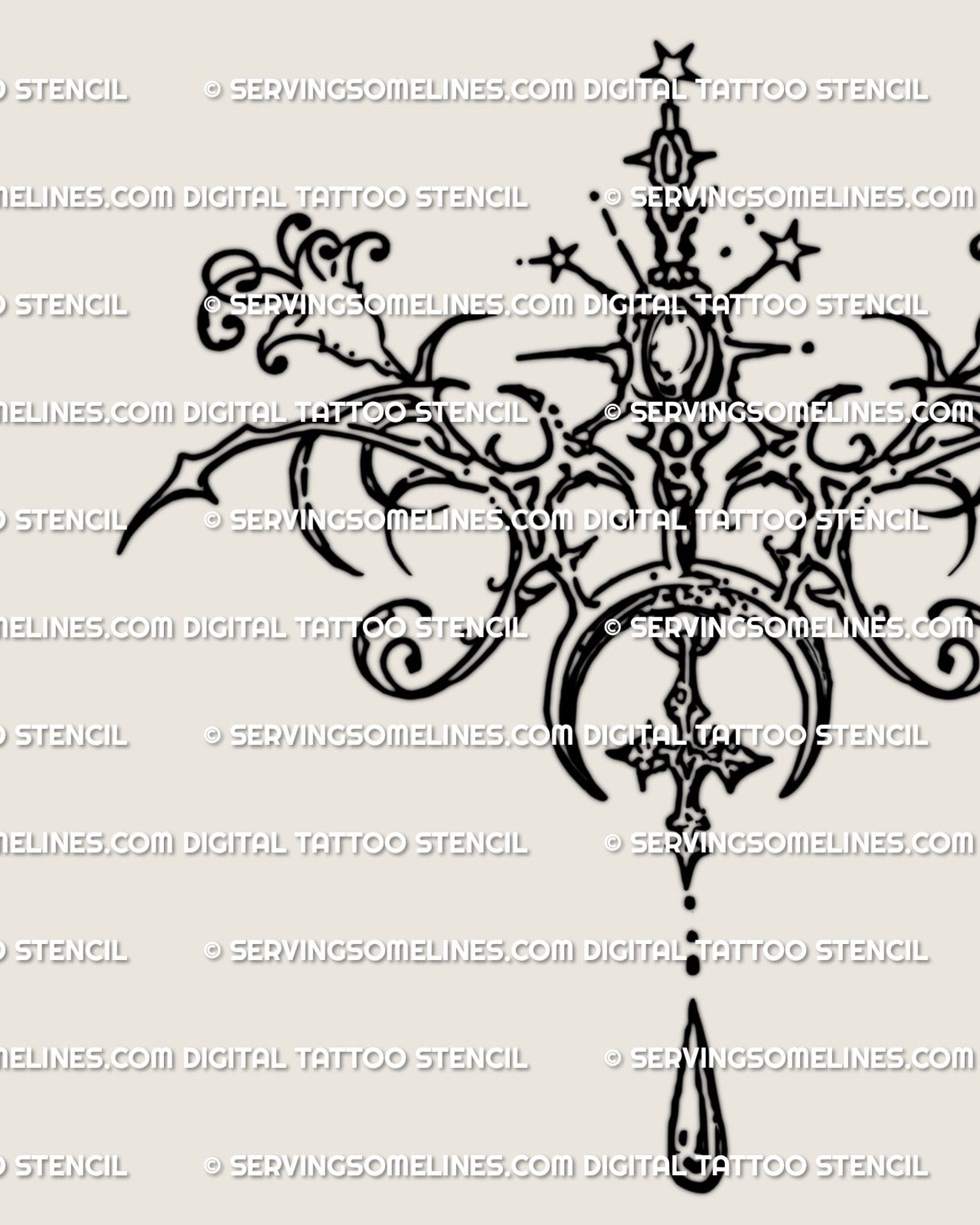 Fine line cybersigil emblem tattoo stencil with crescent moon and star details shown as a simple outline without placement