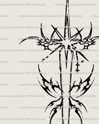 Closeup of linework dagger tattoo stencil, cyber tribal styling around the starburst crossguard, thin curved flare points.