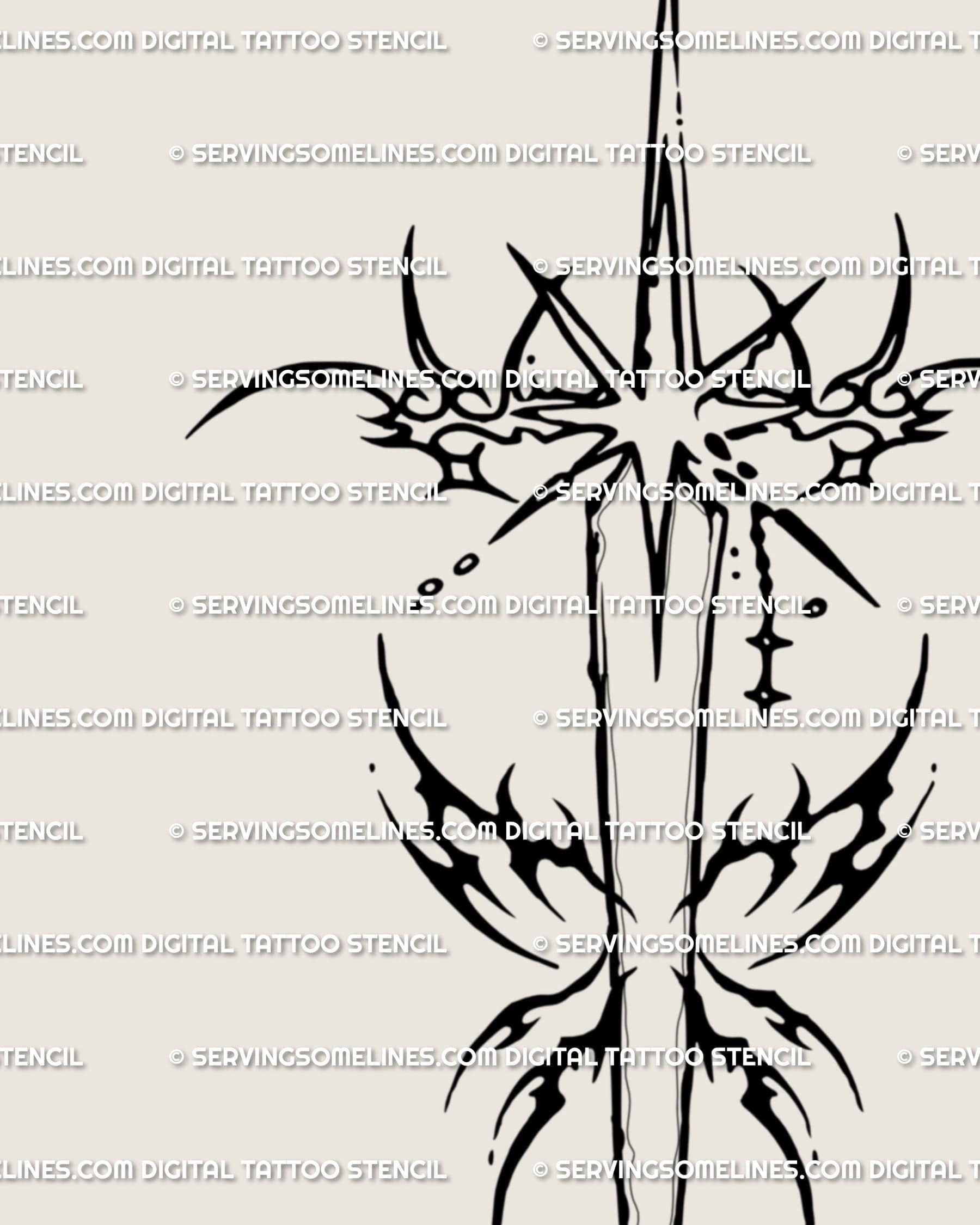 Closeup of linework dagger tattoo stencil, cyber tribal styling around the starburst crossguard, thin curved flare points.