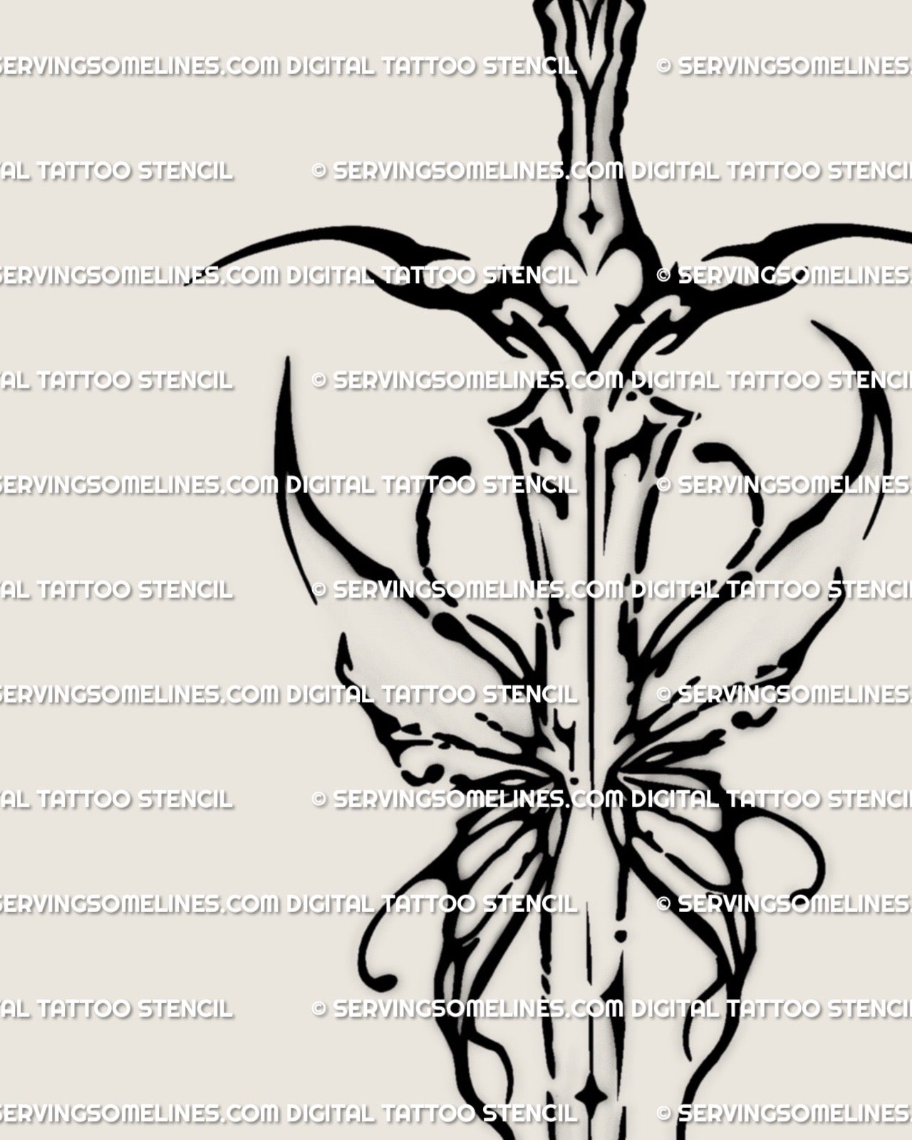 Close-up of linework sword tattoo stencil, ink splash accents and ripple lines for crisp transfer. 