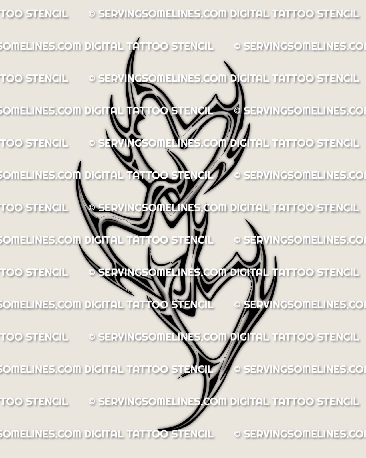 Linked hearts tattoo stencil, cybertribal triple heart design, variation 1 with sharp bridges and open center, design preview. 