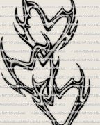 Interlocking hearts tattoo design, three hearts tattoo stencil in cybertribal linework, variation 2 with wider curves and spaced bridges.