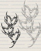Triple heart tattoo stencil, linked hearts cybertribal layout, variation 3 with taller stack and pointed tips, clean line design.