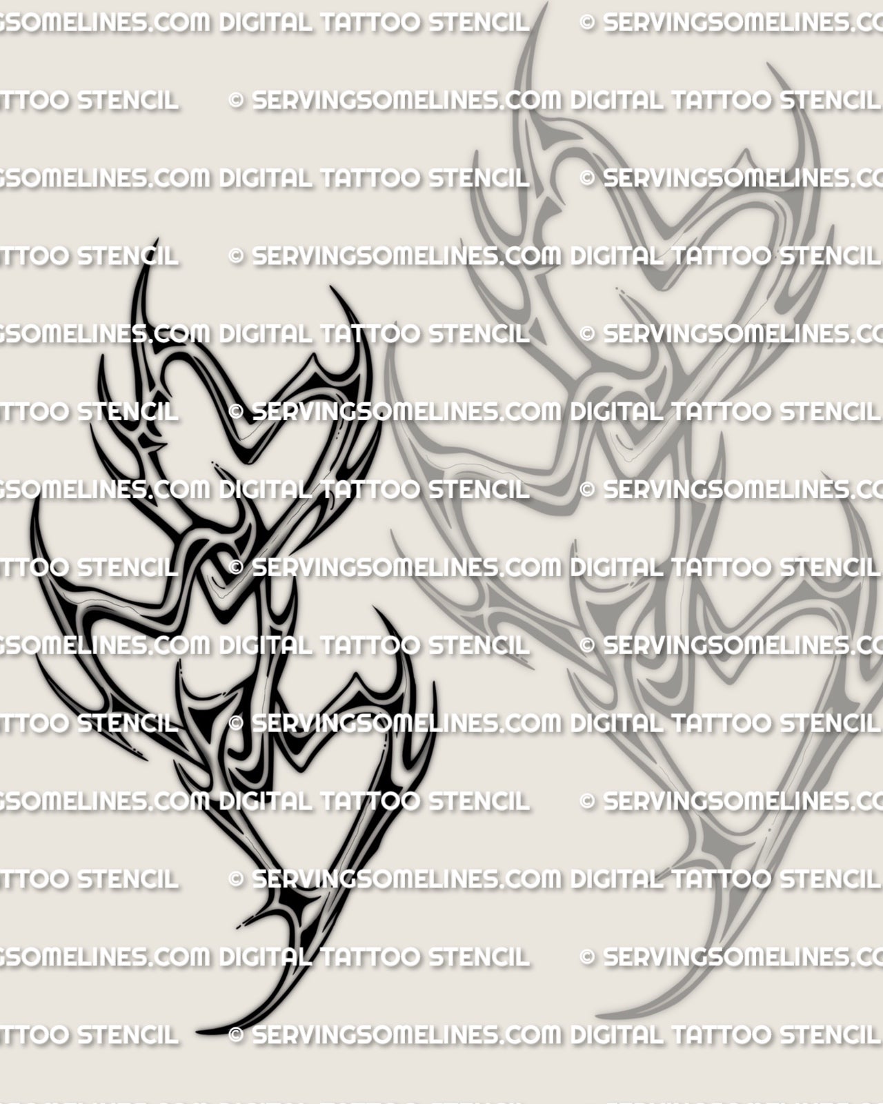 Triple heart tattoo stencil, linked hearts cybertribal layout, variation 3 with taller stack and pointed tips, clean line design.