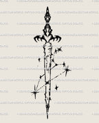 Lion zodiac sword tattoo stencil with clean black linework, long sword silhouette shown as centered design example