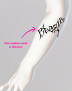 Forearm tattoo display of the word “Pleasure” in wavy liquid font, showing how your own text looks in this custom digital stencil style.