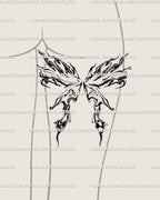 abstract liquid tattoo with wavy flame shapes displayed on back of woman’s thigh, fluid moth-inspired design