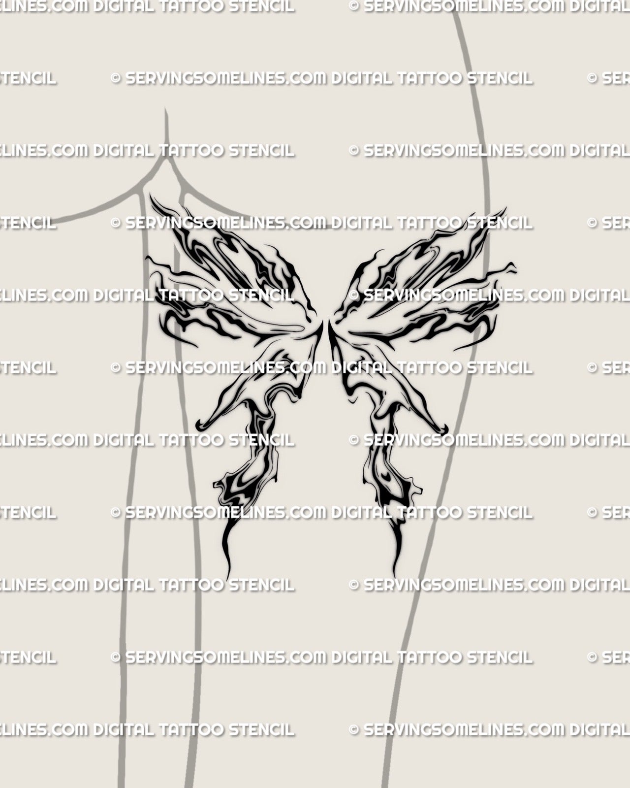abstract liquid tattoo with wavy flame shapes displayed on back of woman’s thigh, fluid moth-inspired design