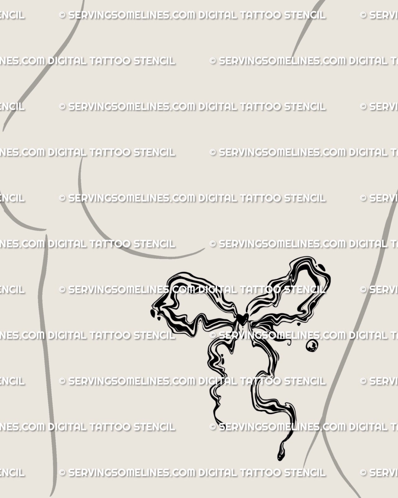 liquid marble tattoo stencil placed on woman’s side breast, abstract coquette bow ribbon linework flowing in elegant wavy pattern