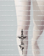 Liquid style sword tattoo design placed on the shin with ornamental neotribal linework and a downward flowing blade for clean stencil use