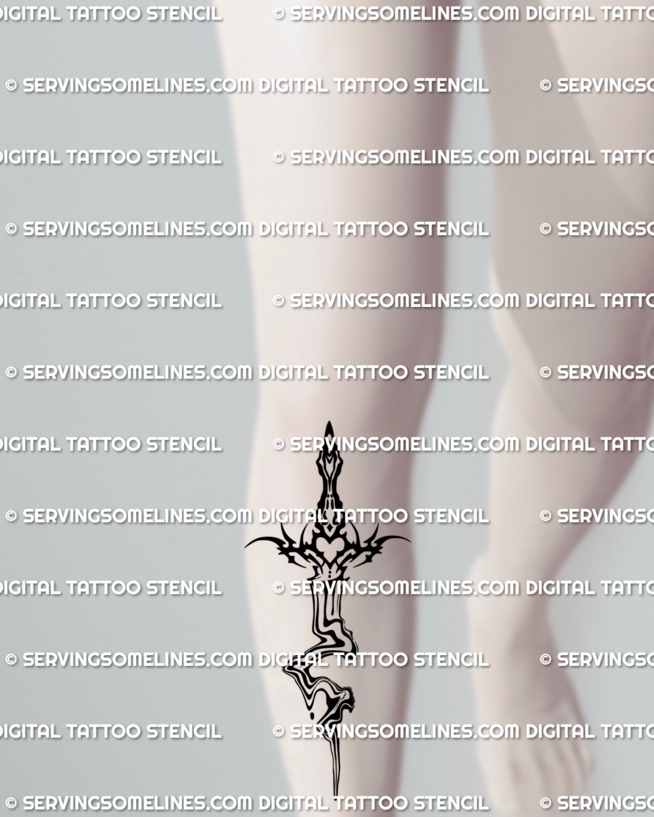 Liquid style sword tattoo design placed on the shin with ornamental neotribal linework and a downward flowing blade for clean stencil use