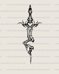 Liquid marble sword tattoo stencil shown as design in melting neotribal line art with drip blade and heart center element detail piece style.