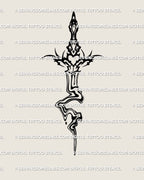 Liquid marble sword tattoo stencil shown as design in melting neotribal line art with drip blade and heart center element detail piece style.