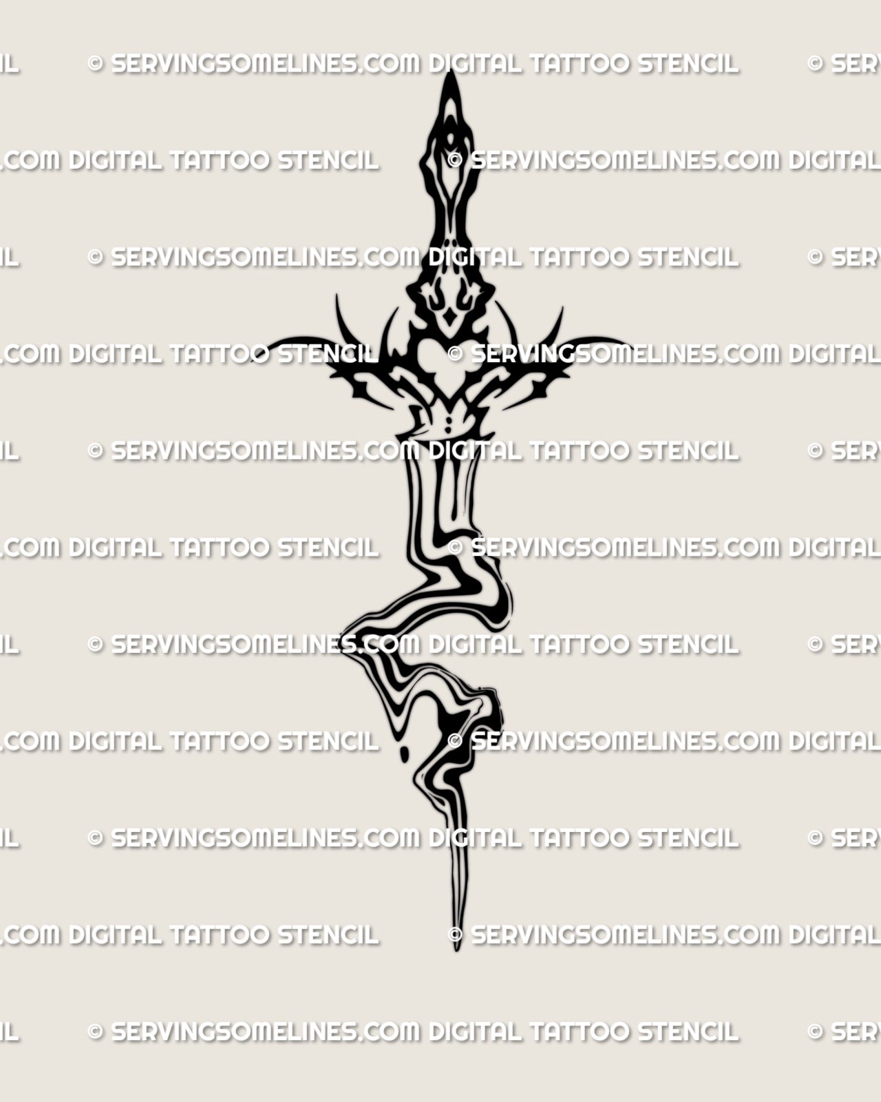 Liquid marble sword tattoo stencil shown as design in melting neotribal line art with drip blade and heart center element detail piece style.