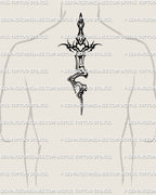 Liquid marble sword tattoo design placed on a man’s upper back center with clean neotribal linework and a fluid lower blade effect