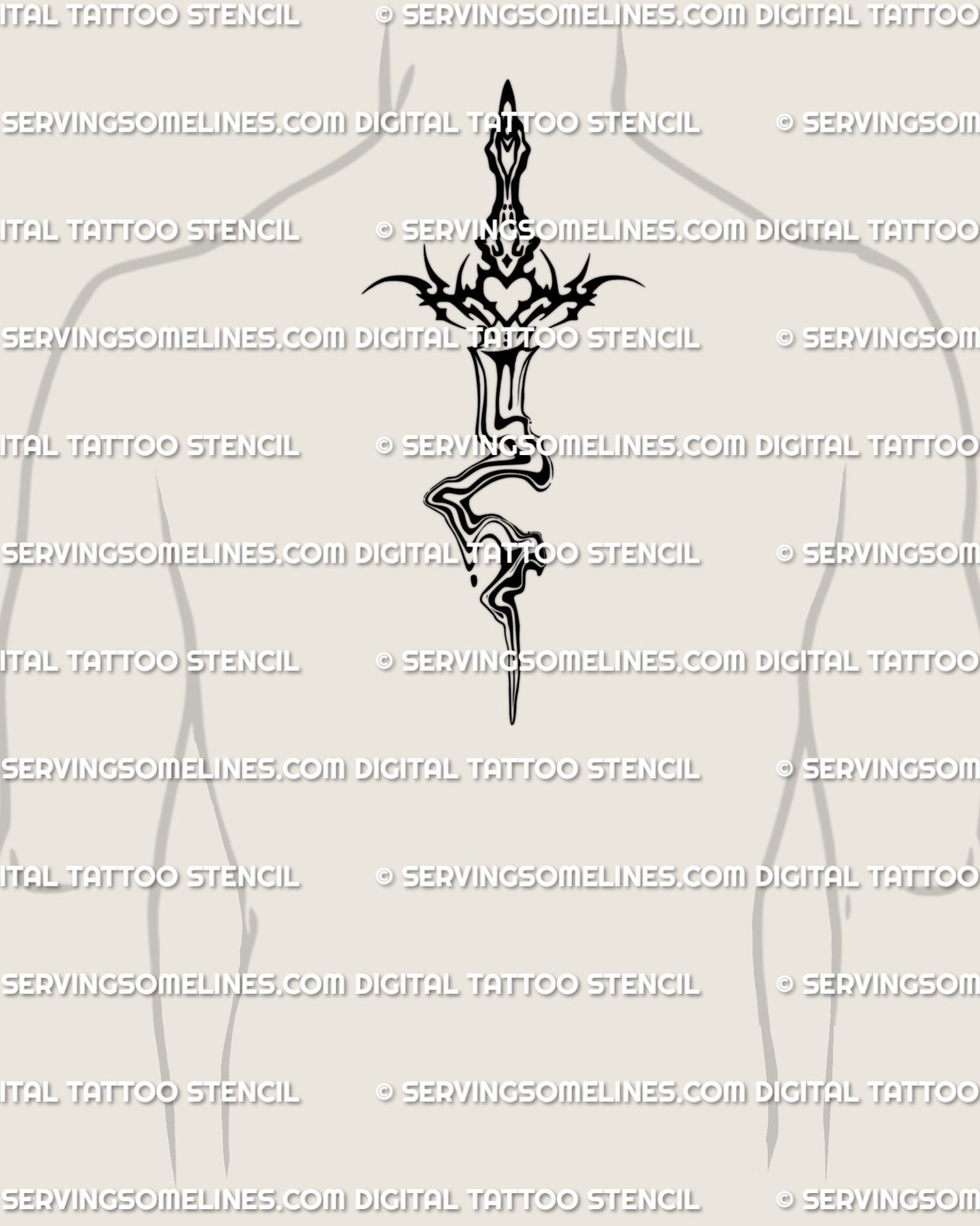 Liquid marble sword tattoo design placed on a man’s upper back center with clean neotribal linework and a fluid lower blade effect