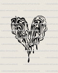 Digital tattoo stencil showing a liquid marble heart with melting drip effect, abstract shape in black lines displayed as printable design preview.