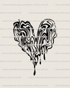 Digital tattoo stencil showing a liquid marble heart with melting drip effect, abstract shape in black lines displayed as printable design preview.
