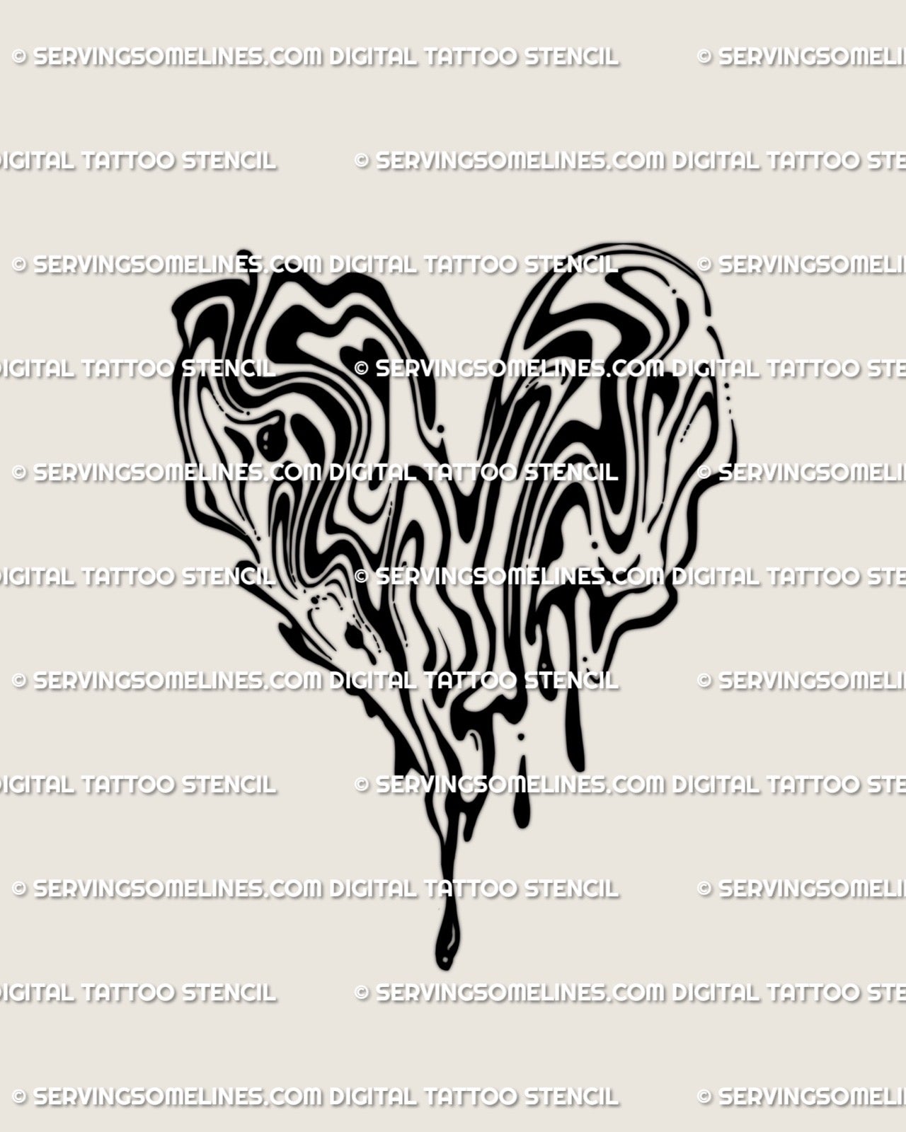 Digital tattoo stencil showing a liquid marble heart with melting drip effect, abstract shape in black lines displayed as printable design preview.