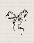 liquid ribbon tattoo stencil with coquette bow linework, abstract marble flow and wavy feminine design for delicate body art 