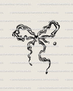 liquid ribbon tattoo stencil with coquette bow linework, abstract marble flow and wavy feminine design for delicate body art 