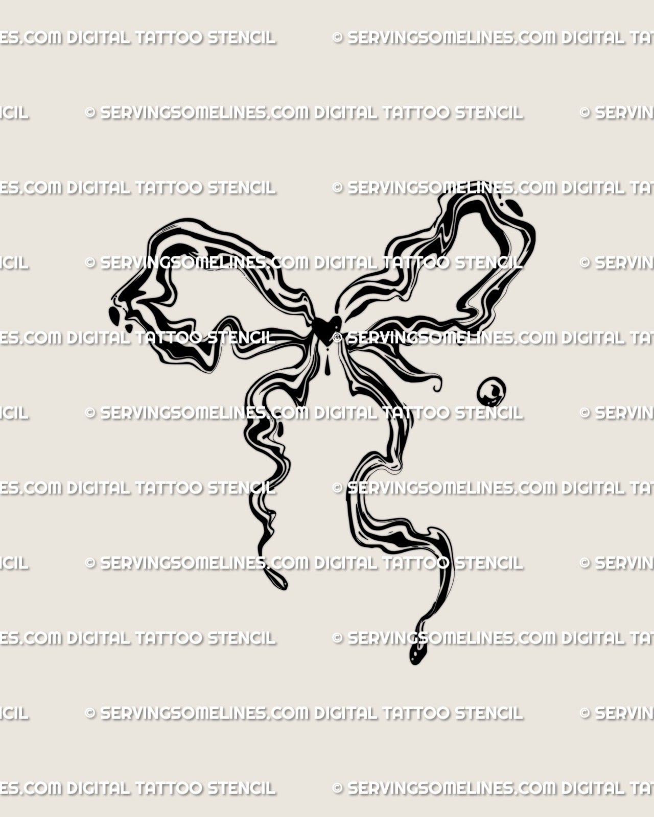 liquid ribbon tattoo stencil with coquette bow linework, abstract marble flow and wavy feminine design for delicate body art 