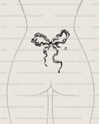 fluid ribbon tattoo stencil on lower back, abstract marble design with wavy feminine coquette bow lines and soft flowing silhouette 