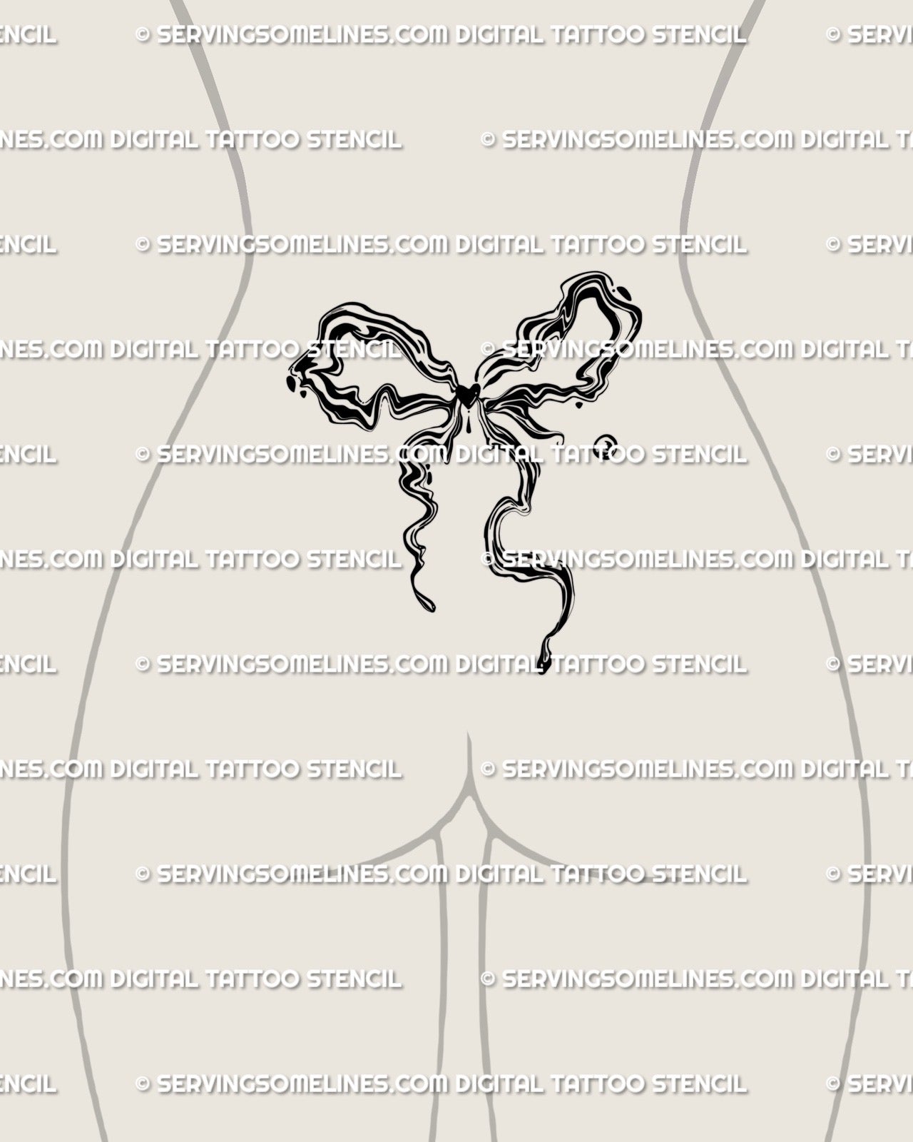 fluid ribbon tattoo stencil on lower back, abstract marble design with wavy feminine coquette bow lines and soft flowing silhouette 