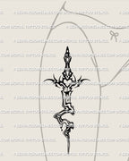 Fluid liquid marble sword tattoo design displayed on a woman’s hip with ornamental neotribal linework and a soft downward flow
