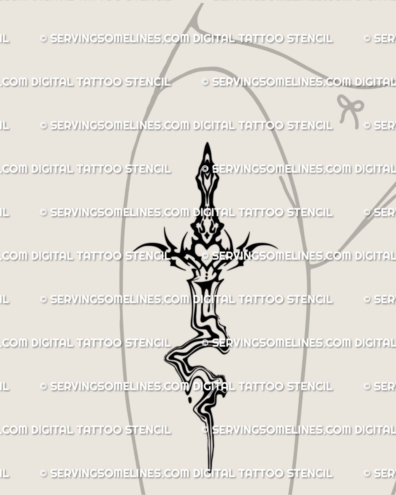 Fluid liquid marble sword tattoo design displayed on a woman’s hip with ornamental neotribal linework and a soft downward flow