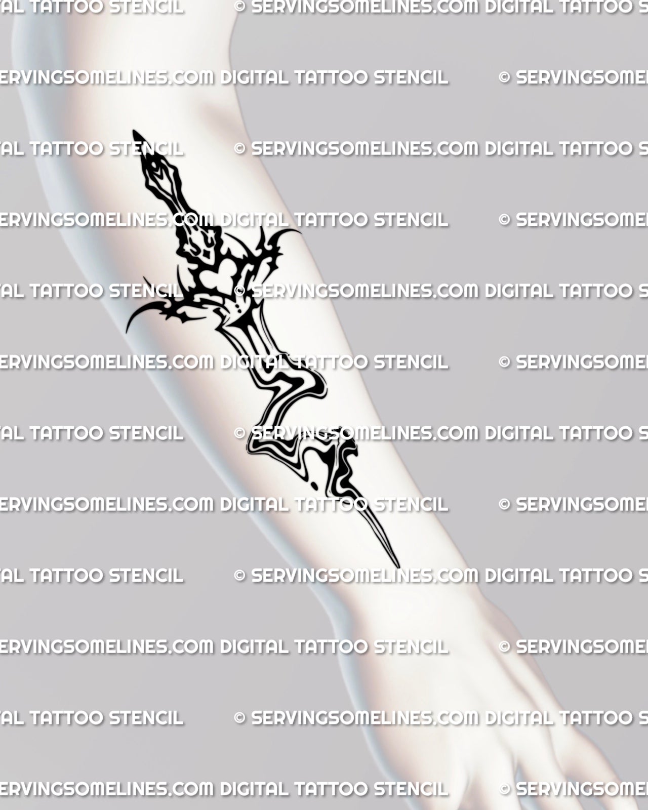Liquid marble sword tattoo design displayed on a woman’s forearm, showing clean neotribal linework and a fluid lower blade for clear stencil use