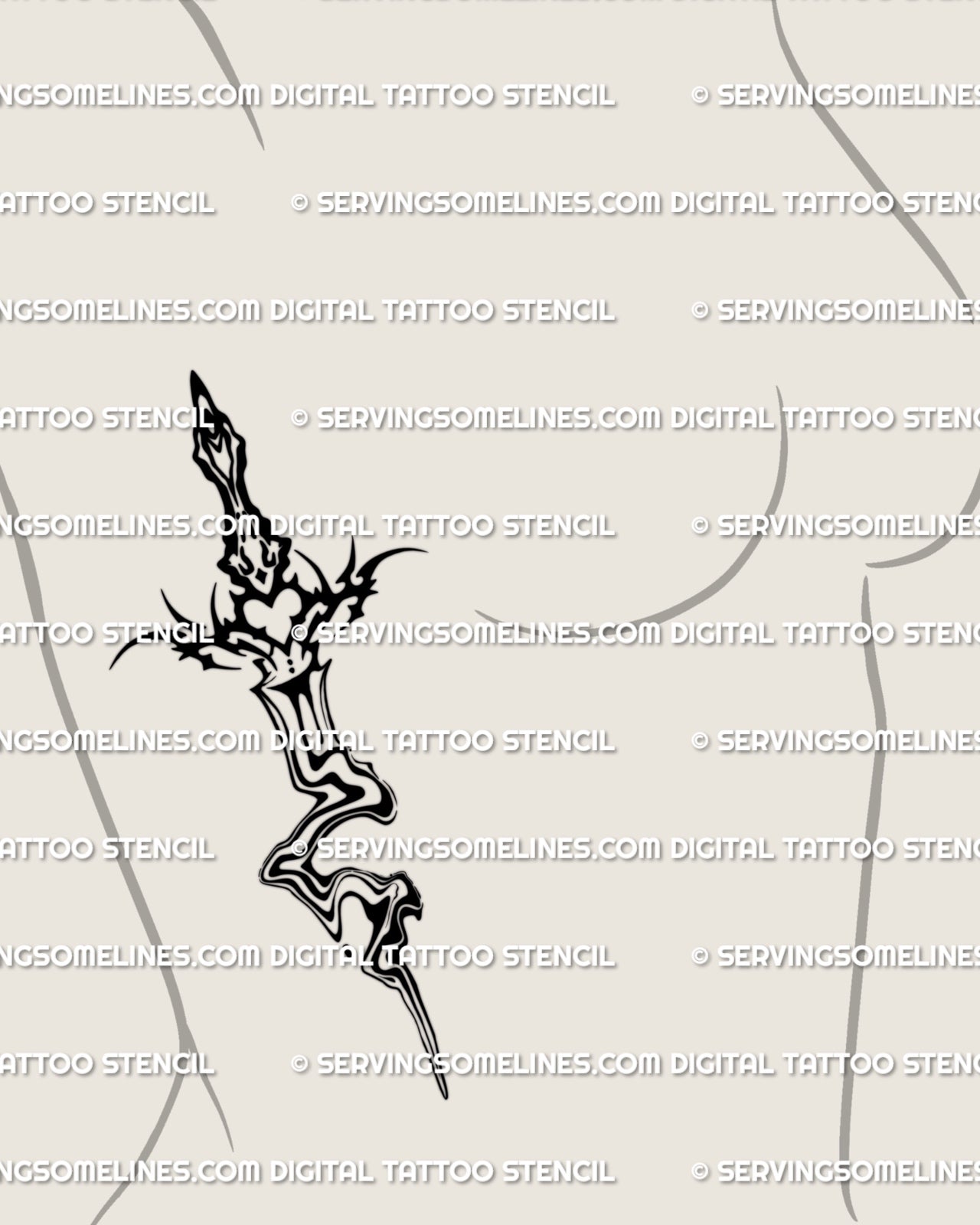 Liquid marble sword tattoo design shown on a woman’s side ribs with clean neotribal linework and a smooth fluid lower blade