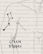 Little dipper tattoo stencil displayed on men’s arm placement, Ursa Minor constellation tattoo design with clear star points and simple linework.