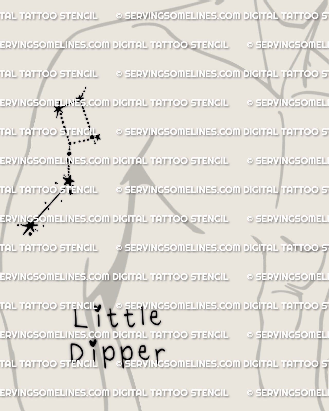 Little dipper tattoo stencil displayed on men’s arm placement, Ursa Minor constellation tattoo design with clear star points and simple linework.