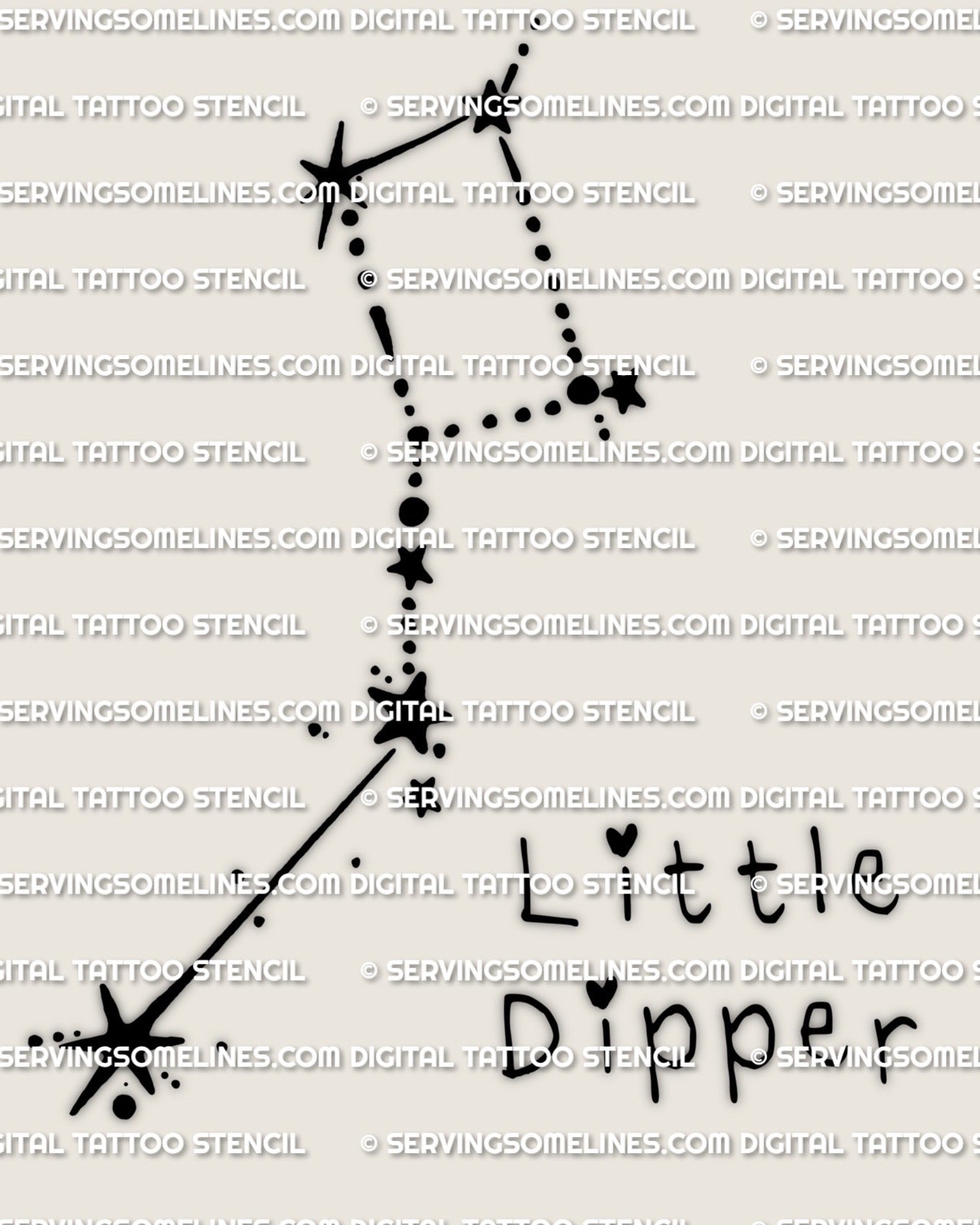Little dipper tattoo stencil design, Ursa Minor constellation star layout with clean points and a minimal connecting line path.