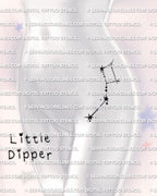 Little dipper constellation tattoo stencil shown on women’s hip placement example, small Ursa Minor star tattoo with a clean minimalist layout.