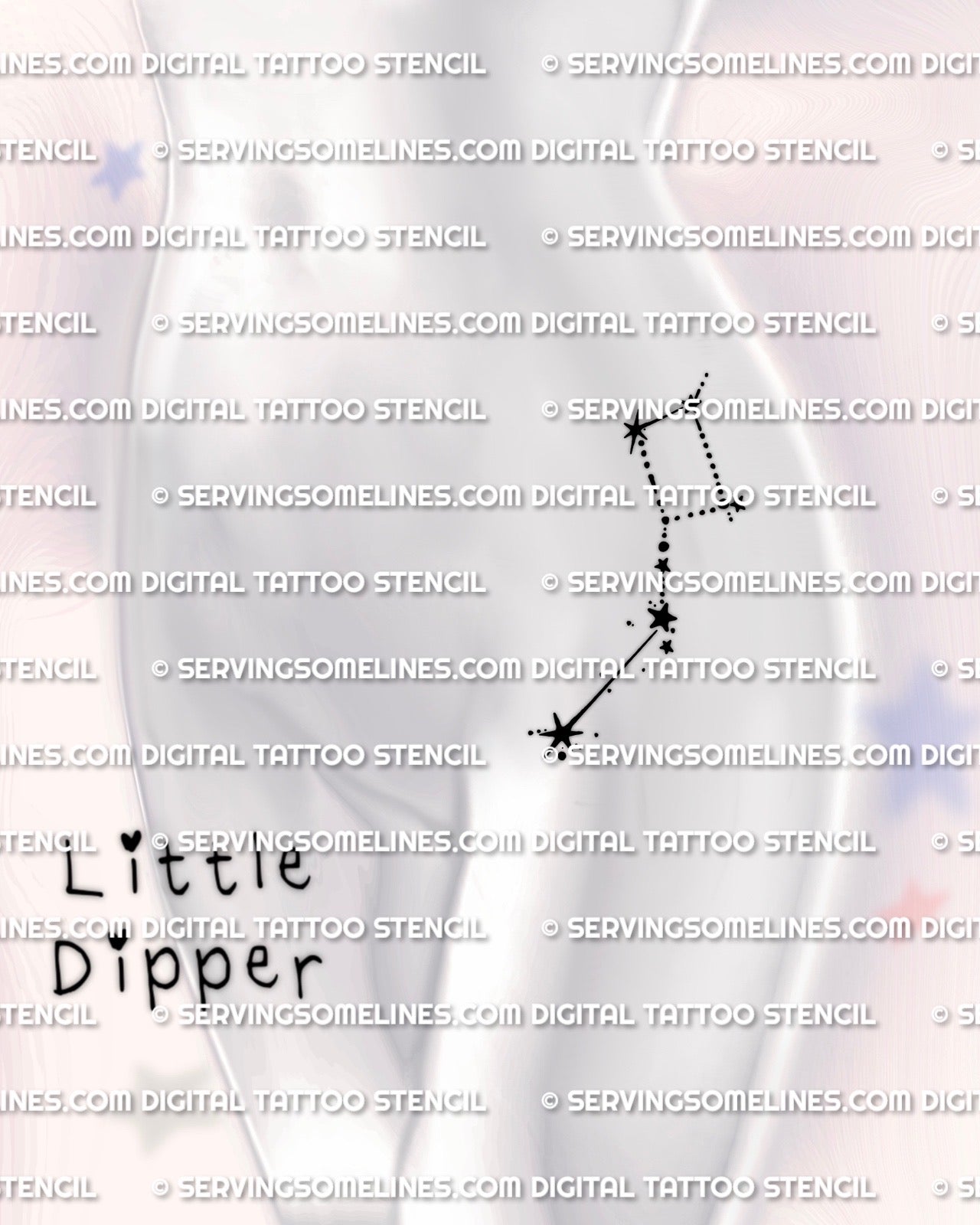 Little dipper constellation tattoo stencil shown on women’s hip placement example, small Ursa Minor star tattoo with a clean minimalist layout.